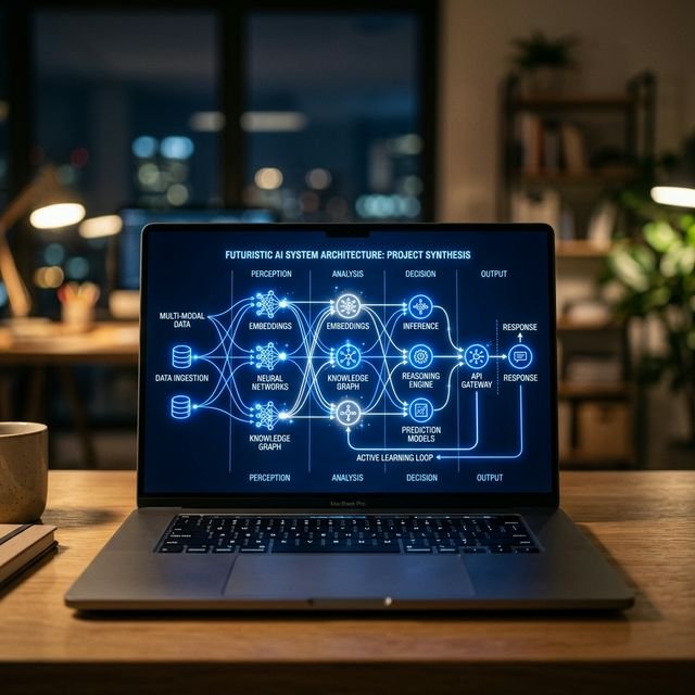 Cinematic 16:9 Landscape view of futuristic AI architecture diagram