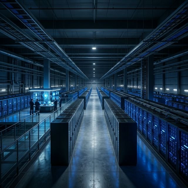 Panoramic view of a modern AI data center