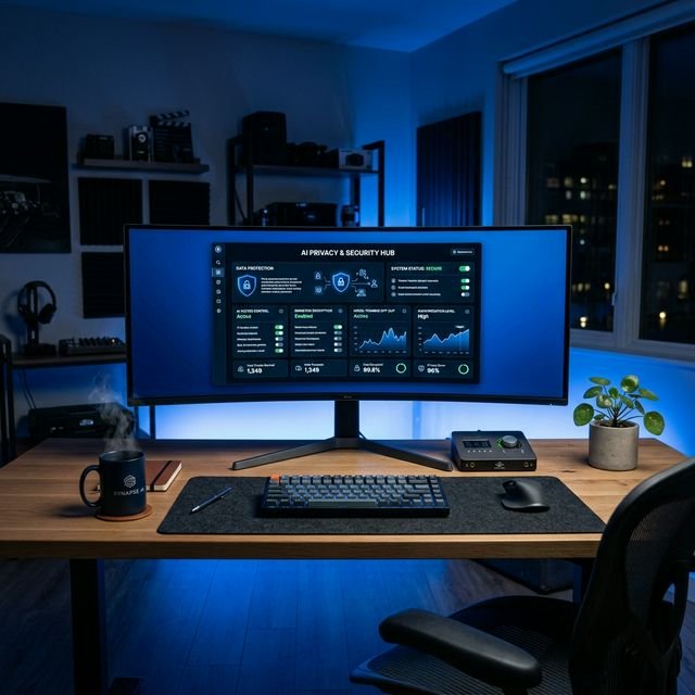 Cinematic 16:9 Landscape view of a minimalist desk with a wide monitor showing complex AI privacy toggles.