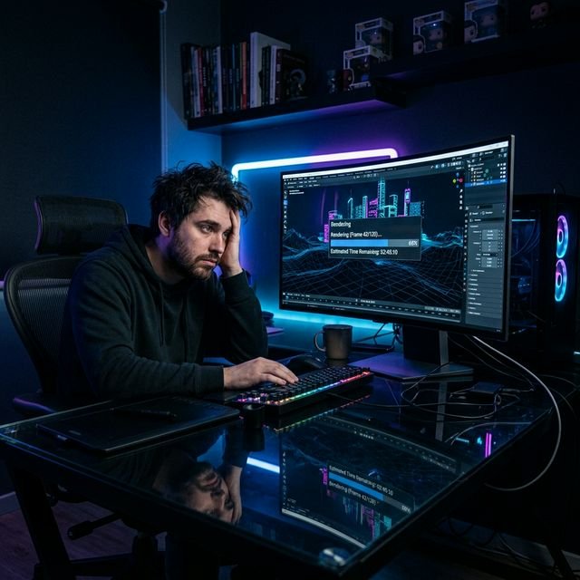 Cinematic 16:9 Landscape View of a frustrated digital artist staring at a 'Rendering' progress bar on a high-end OLED monitor, dark room, neon highlights.