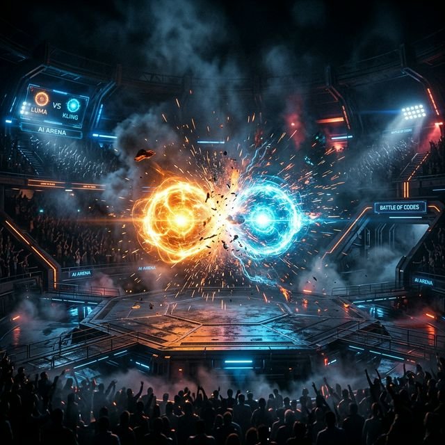 Cinematic 16:9 Landscape View of two glowing AI orbs clashing in a futuristic arena, representing Luma and Kling, sparks flying, high contrast.