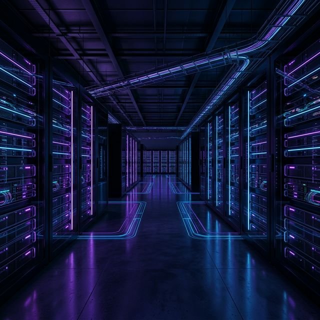 Futuristic purple server room with iris lighting