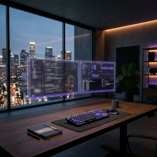 Cinematic 16:9 Landscape View of Holographic AI Workspace