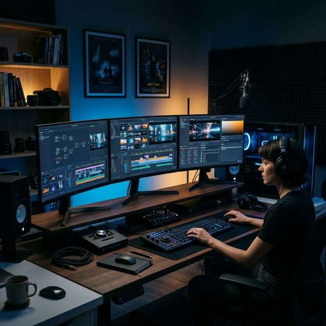 Cinematic 16:9 Landscape View of a professional video editing suite, triple monitors showing complex AI video generation timelines, glowing blue and amber lighting.