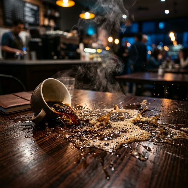 Cinematic 16:9 Landscape View of a high-speed coffee spill on a dark mahogany table, steam rising, micro-bubbles forming, 8k hyper-realistic style.
