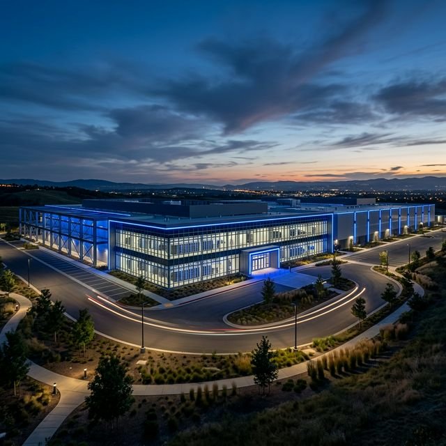 Cinematic 16:9 Landscape view of a modern data center exterior at dusk.