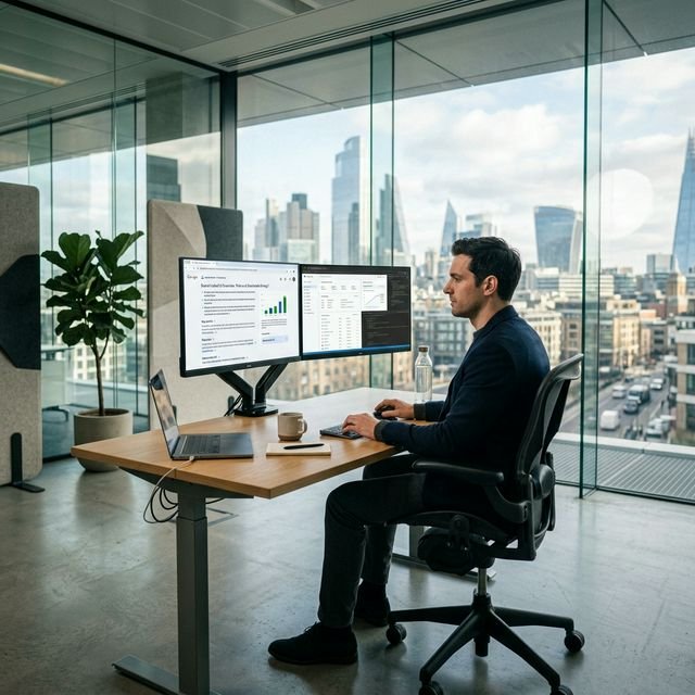 Cinematic 16:9 Landscape View of professional using AI search