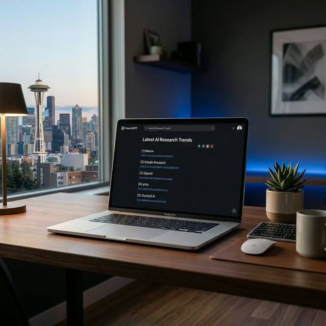 Premium minimalist desk with SearchGPT interface.