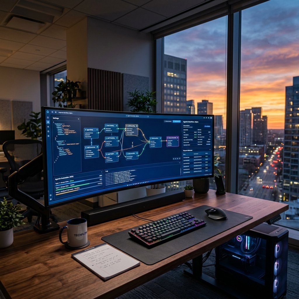 Cinematic 16:9 Landscape View of agentic workflow dashboard with nodes and code