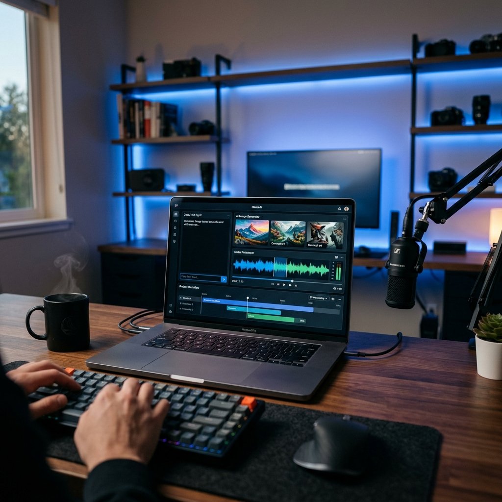 Cinematic 16:9 Landscape View of multimodal AI dashboard showing text, images, and audio