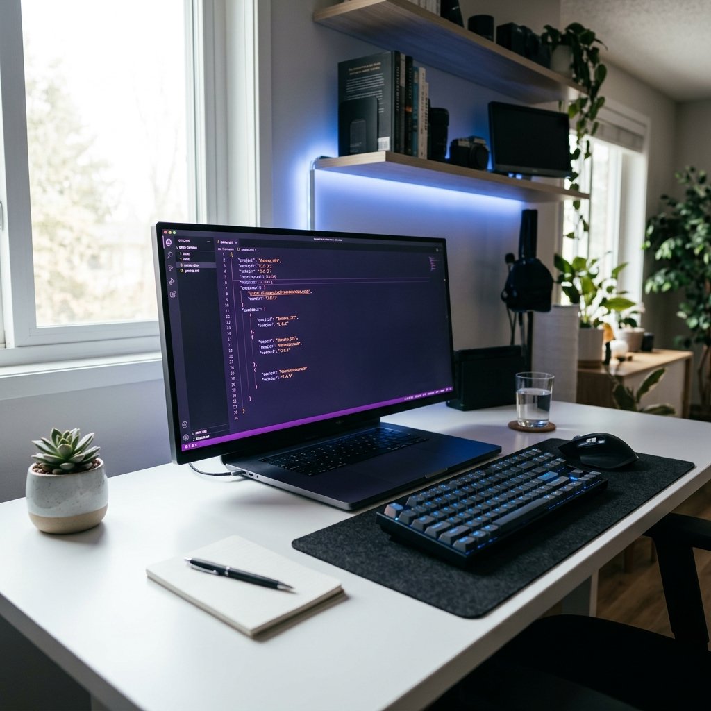 Cinematic 16:9 Landscape View of minimalist desk with JSON code screen